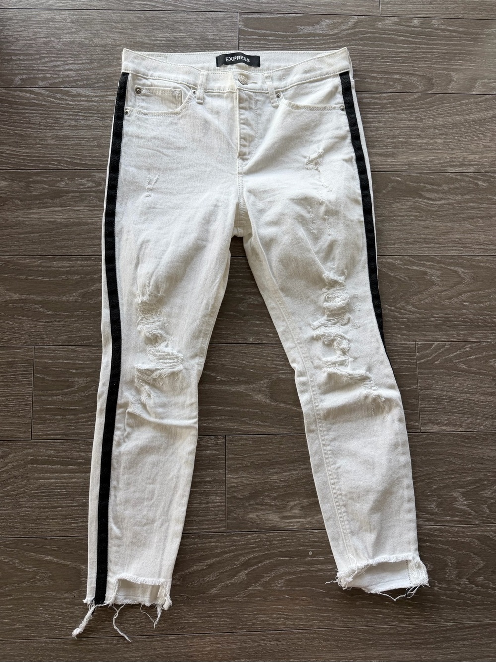Express White Ripped Skinny Jeans with Black Side Stripe